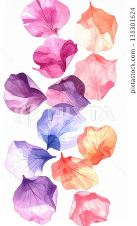 Watercolor Flower Petals in Gradient Colors on White Background Pattern Watercolor Flower Petals in Gradient Colors on White Background Pattern 138301624