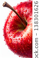 Close Up Red Apple with Water Droplets and Brown Stem on White Background 138301626
