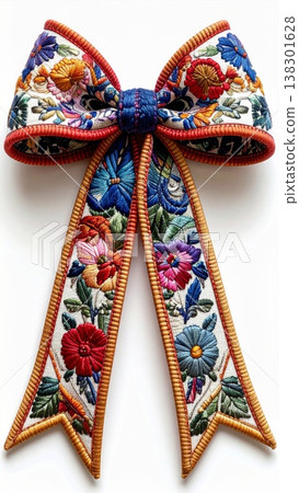 Intricate Floral Embroidered Bow with Red Border Isolated on White Background 138301628
