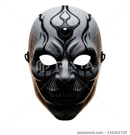 Detailed White Scary Mask with Black Designs and Empty Eyes on White Background 138301720