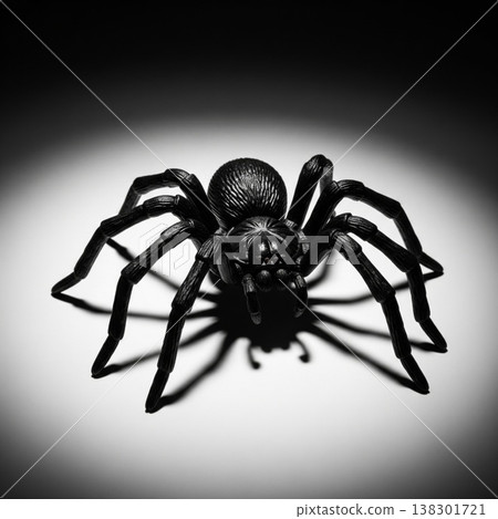 Black Spider with Eight Legs in Center Spotlight and Dramatic Lighting 138301721