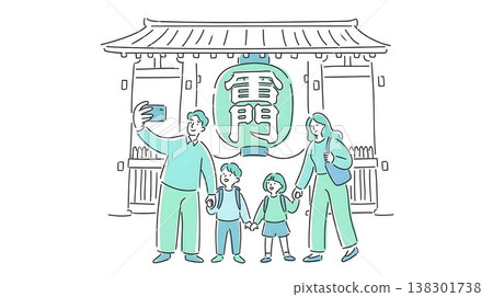 一家人在淺草寺雷門前觀光並拍攝紀念照。 138301738