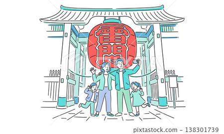一家人在淺草寺雷門前觀光並拍攝紀念照。 138301739