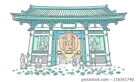 一家人在淺草寺雷門前觀光並拍攝紀念照。 138301740