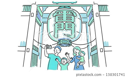 一家人在淺草寺雷門前觀光並拍攝紀念照。 138301741