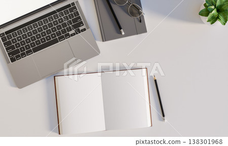 Top view of an open notebook with pencil and eyeglasses aside laptop and pot plant on a white table. Top view of an open notebook with pencil and eyeglasses aside laptop and pot plant on a white table. 138301968