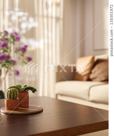 Cactus pots on round trey over wooden table across sofa with sunlight through window in living room. Cactus pots on round trey over wooden table across sofa with sunlight through window in living room. 138301972