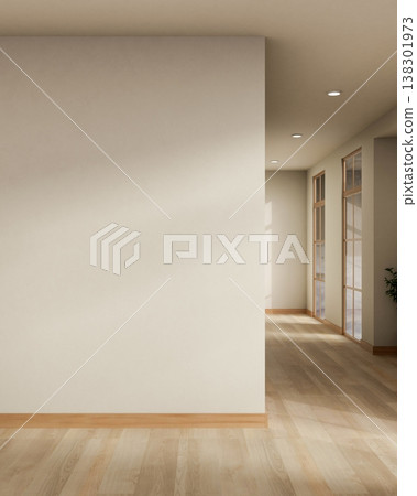 Empty white wall over wooden parquet floor with sunlight through window in corridor of modern house. Empty white wall over wooden parquet floor with sunlight through window in corridor of modern house. 138301973