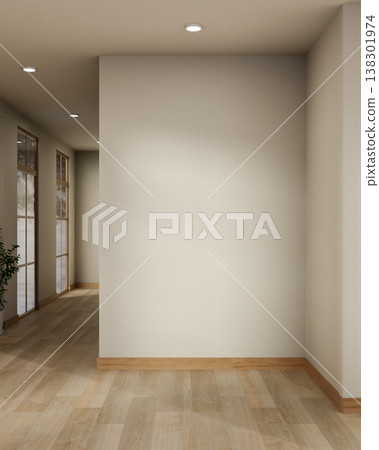 Empty white wall and wooden parquet floor corridor with sunlight through window in the modern house. Empty white wall and wooden parquet floor corridor with sunlight through window in the modern house. 138301974