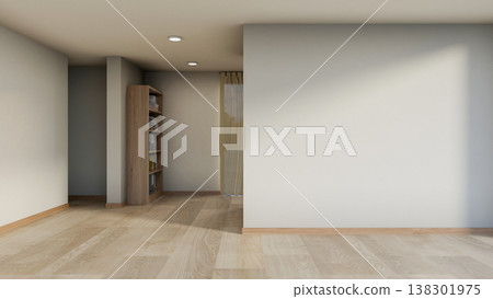 Empty studio room with bookshelf on wooden parquet floor and warm sunlight shining on a white wall. Empty studio room with bookshelf on wooden parquet floor and warm sunlight shining on a white wall. 138301975
