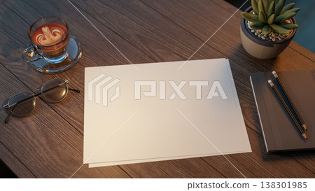 Blank paper with eyeglasses and latte art coffee aside book and pencil on wooden table in dim room. 138301985