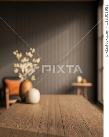 Wooden counter table and flower vase across chair and black slat wall with sunlight from room window Wooden counter table and flower vase across chair and black slat wall with sunlight from room window 138301988