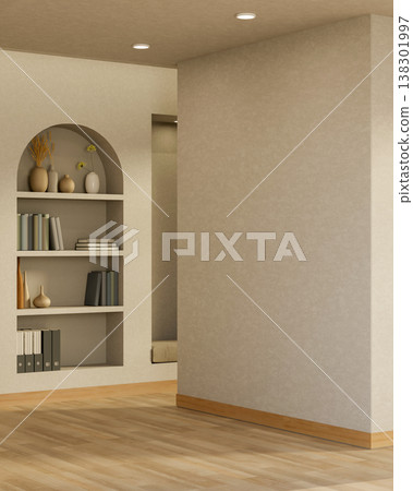 Recessed arch bookshelf in white wall on wooden parquet floor in empty corridor in modern style room 138301997