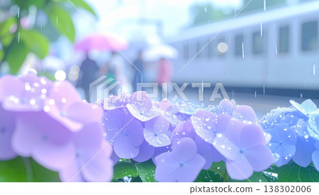雨中繡球花閃閃發光，人們撐著傘在火車站附近行走——這是日本雨季的典型景象。 138302006