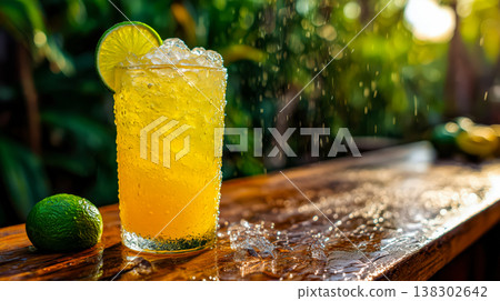 Sunny garden cocktail with lime; icy cocktail in glass, cocktail crowned with crushed ice and lime wheel, droplets sparkle as water splashes on wooden bar, refreshing summer vibe, patio concept 138302642