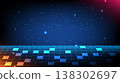 A high tech digital background featuring a glowing blue grid floor, starry cosmos and neon light  138302697
