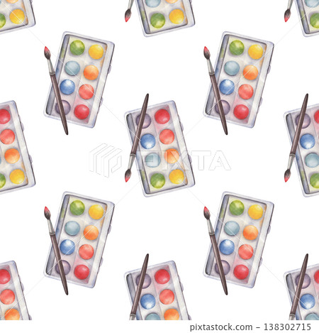 Hand-painted seamless watercolor pattern, paint box, brush isolated on white. Creative, artistic, minimal design ideal for art supplies branding, stationery, packaging, textiles, educational materials 138302715