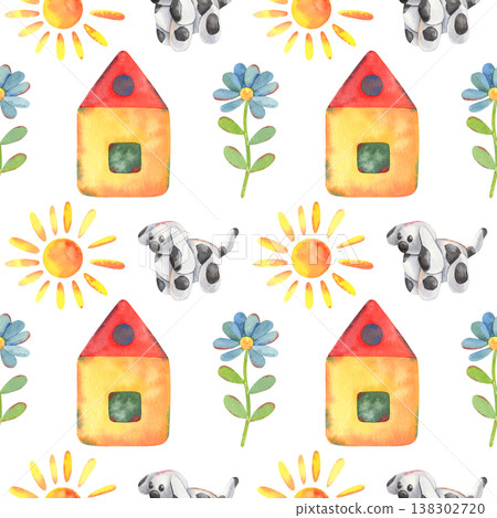 Hand-painted watercolor seamless pattern, children drawing sun, house, clay dog, flower isolated on white. Perfect for printing, design, kids products, nursery decor, textiles, stationery, branding Hand-painted watercolor seamless pattern, children drawing sun, house, clay dog, flower isolated on white. Perfect for printing, design, kids products, nursery decor, textiles, stationery, branding 138302720
