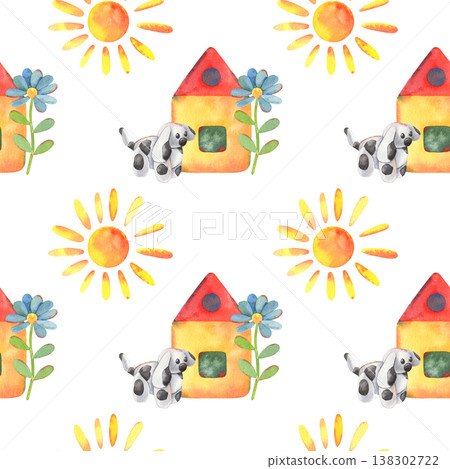 Hand-painted watercolor seamless pattern, children drawing sun, house, clay dog, flower isolated on white. Perfect for printing, design, kids products, nursery decor, textiles, stationery, branding Hand-painted watercolor seamless pattern, children drawing sun, house, clay dog, flower isolated on white. Perfect for printing, design, kids products, nursery decor, textiles, stationery, branding 138302722