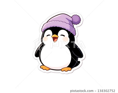 Adorable cartoon penguin wearing a cozy purple winter hat, smiling happily. This charming illustration is perfect for winter themes, children's designs, and cute animal graphics. 138302752