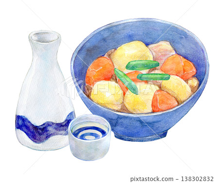 水彩插畫,手繪插畫:日式肉丸馬鈴薯燉菜和熱清酒 水彩插畫,手繪插畫:日式肉丸馬鈴薯燉菜和熱清酒 138302832