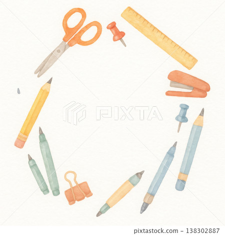 可愛的水彩風格文具相框，白色背景，非常適合用來創作關於新生活或學校的圖片。 138302887