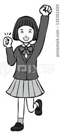 【黑白】女孩面帶微笑,擺出勝利姿勢,身穿制服外套。 【黑白】女孩面帶微笑,擺出勝利姿勢,身穿制服外套。 138302889