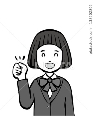 [黑白] 身穿制服的女孩，面帶微笑，擺出勝利姿勢，上半身。 138302893