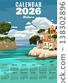 Monthly 2026 Calendar Vintage travel poster Mallorca Spain, tropical resort 138302896