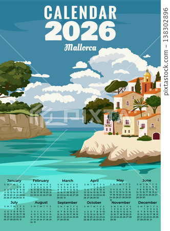 Monthly 2026 Calendar Vintage travel poster Mallorca Spain, tropical resort Monthly 2026 Calendar Vintage travel poster Mallorca Spain, tropical resort 138302896
