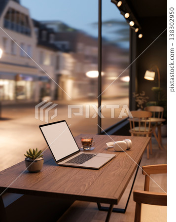 White screen laptop with coffee and headphone on wooden table in dim cafe and a town over glass wall White screen laptop with coffee and headphone on wooden table in dim cafe and a town over glass wall 138302950