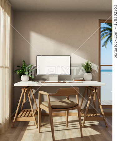 White screen computer on wooden table with sunlight through curtain and sea beach view outside door. White screen computer on wooden table with sunlight through curtain and sea beach view outside door. 138302953