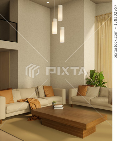 Wooden square table with sofa couch on carpet floor under ceiling hanging lamp in modern living room Wooden square table with sofa couch on carpet floor under ceiling hanging lamp in modern living room 138302957