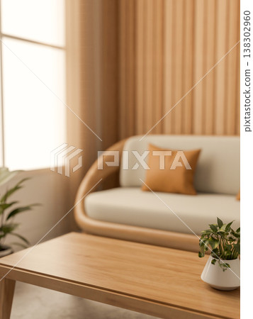 Potted plant on wooden table with sofa couch and sunlight through glass window in modern living room Potted plant on wooden table with sofa couch and sunlight through glass window in modern living room 138302960