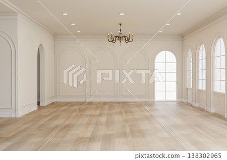 Modern luxury white wall room and chandelier over wooden parquet floor and sunlight from arch window Modern luxury white wall room and chandelier over wooden parquet floor and sunlight from arch window 138302965