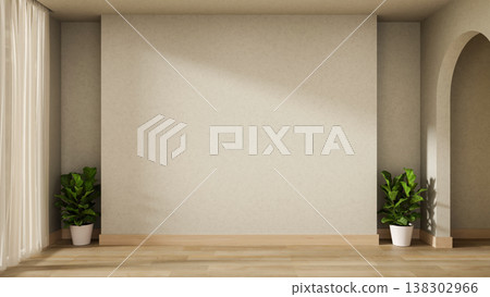 Empty white wall and pot plant on wooden parquet floor with sunlight through window curtain in room. Empty white wall and pot plant on wooden parquet floor with sunlight through window curtain in room. 138302966