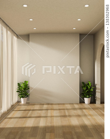 Empty white wall and pot plants on wooden parquet floor with sunlight through window curtain of room Empty white wall and pot plants on wooden parquet floor with sunlight through window curtain of room 138302968