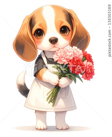 穿著圍裙、拿著康乃馨的小獵犬 - 母親節/花店圖片水彩插畫素材 1 138303169
