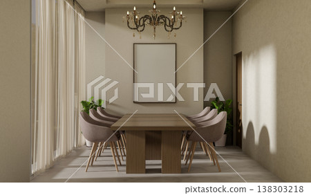 Wooden counter table and curved chairs with chandelier and white frame in dim dining or living room. 138303218
