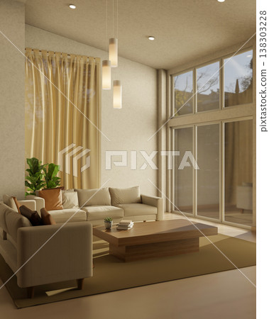 Wooden table and sofa couch on carpet floor under hanging lamp and glass wall in modern living room. Wooden table and sofa couch on carpet floor under hanging lamp and glass wall in modern living room. 138303228