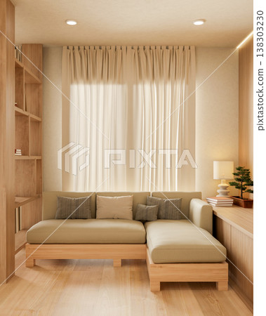 Sofa couch and shelf on wooden parquet floor and sunlight through window curtain in cosy living room Sofa couch and shelf on wooden parquet floor and sunlight through window curtain in cosy living room 138303230