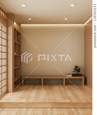 Bonsai pot on wooden bench and wall bookshelf over parquet floor in cosy modern japanese style room Bonsai pot on wooden bench and wall bookshelf over parquet floor in cosy modern japanese style room 138303231