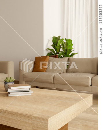 Pile of books and potted plant on wooden table and beige sofa couch in modern living room or lounge Pile of books and potted plant on wooden table and beige sofa couch in modern living room or lounge 138303235