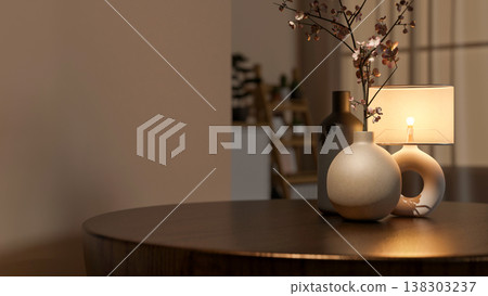 Flower vases and illuminating lamp on round wooden table across wall and window curtain in dim room. Flower vases and illuminating lamp on round wooden table across wall and window curtain in dim room. 138303237