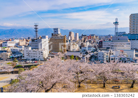 (Yamanashi Prefecture) A view of Kofu city from Maizuru Castle Park (Kofu Castle Ruins) with cherry blossoms in bloom. 138303242