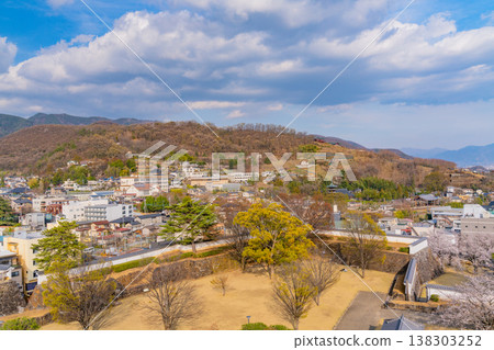 (Yamanashi Prefecture) A view of Kofu city from Maizuru Castle Park (Kofu Castle Ruins) with cherry blossoms in bloom. 138303252