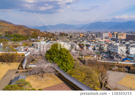 (Yamanashi Prefecture) A view of Kofu city from Maizuru Castle Park (Kofu Castle Ruins) with cherry blossoms in bloom. 138303255