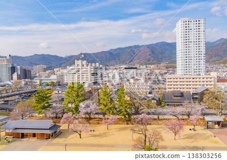 (Yamanashi Prefecture) A view of Kofu city from Maizuru Castle Park (Kofu Castle Ruins) with cherry blossoms in bloom. (Yamanashi Prefecture) A view of Kofu city from Maizuru Castle Park (Kofu Castle Ruins) with cherry blossoms in bloom. 138303256