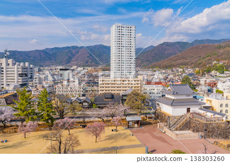 (Yamanashi Prefecture) A view of Kofu city from Maizuru Castle Park (Kofu Castle Ruins) with cherry blossoms in bloom. 138303260