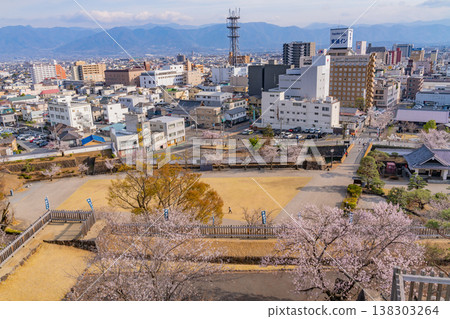 (Yamanashi Prefecture) A view of Kofu city from Maizuru Castle Park (Kofu Castle Ruins) with cherry blossoms in bloom. (Yamanashi Prefecture) A view of Kofu city from Maizuru Castle Park (Kofu Castle Ruins) with cherry blossoms in bloom. 138303264